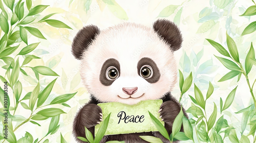Cute panda holding a sign that says Peace, surrounded by green leaves on a soft background.