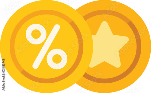 Illustration of gold coins representing loyalty program with percentage and star symbols for collecting points and getting rewards