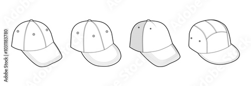 Set of Caps - Trucker Baseball Dad Hip-Hop, Five Panel Cap Hat. Summer Head Fashion accessory clothing technical illustration. Vector headgear, flat template CAD mockup sketch outline isolated