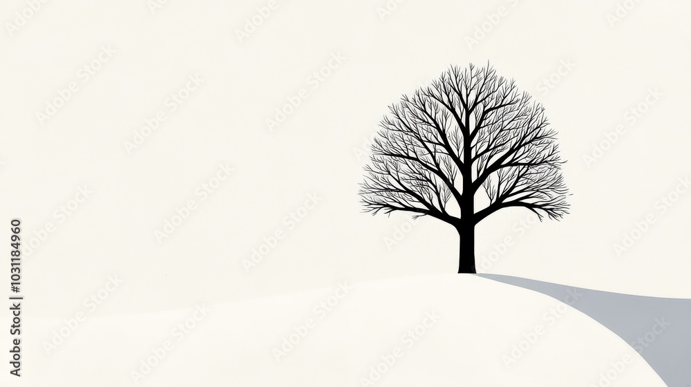 Obraz premium Single bare tree silhouette on a white background, evoking simplicity and tranquility in nature's winter landscape.