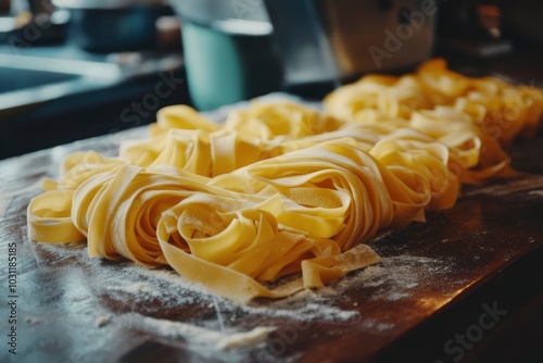 uncooked italian tagliatelli type pasta - generative ai photo