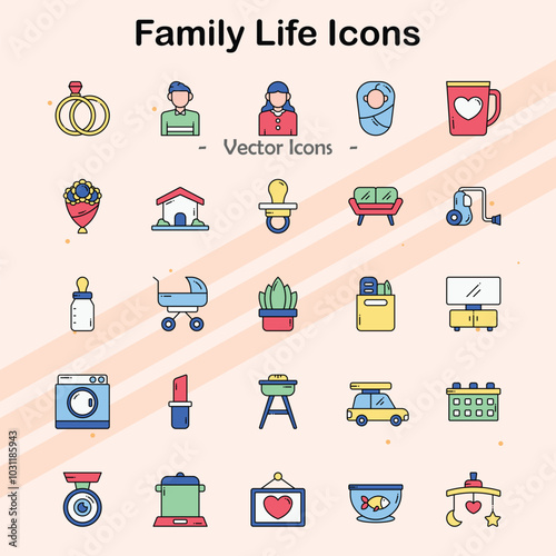 Icons representing family life and activities.