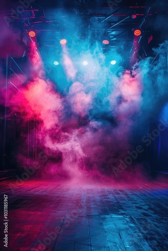 Illuminated arena: empty concert stage with colorful spotlights and smoke, preparing for a live music show, vibrant light patterns, atmospheric elements enhancing anticipation, excitement of event.