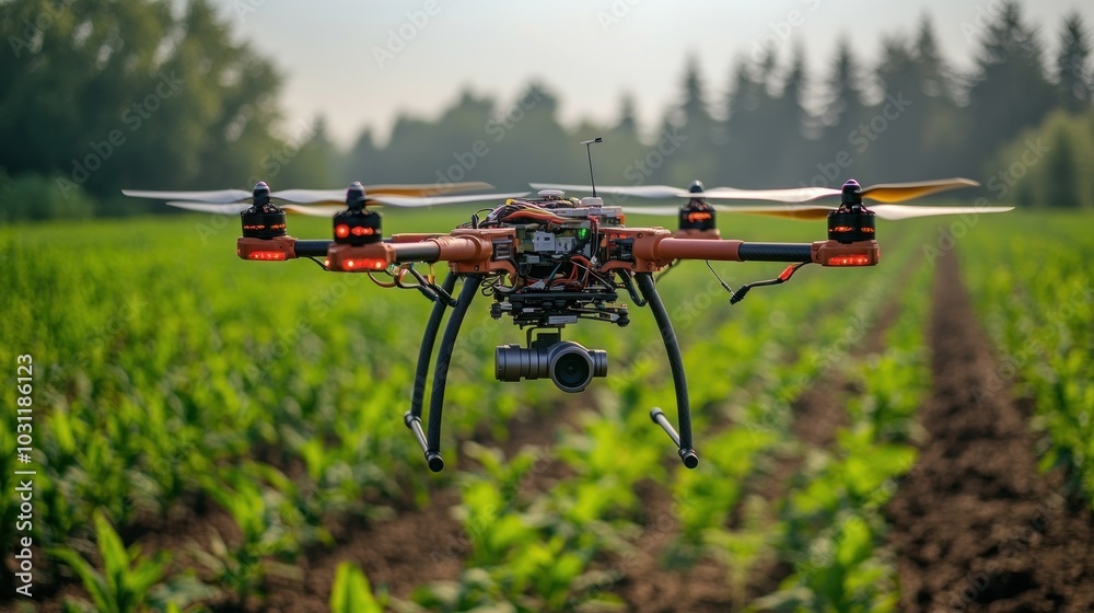 Drone flying over a field for agricultural monitoring. Drone flying over a field for agricultural monitoring.