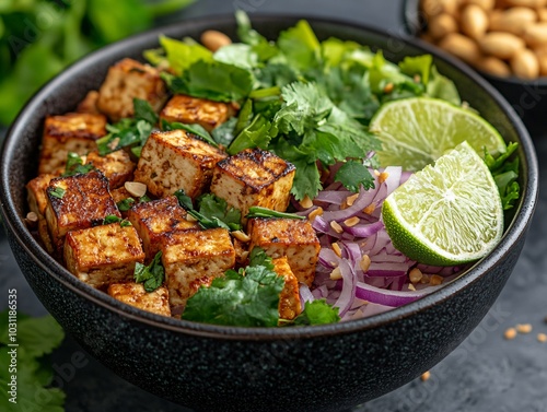 Thai style vegan food made with tofu and mushrooms, topped with toasted rice powder, red onions, and fresh herbs.