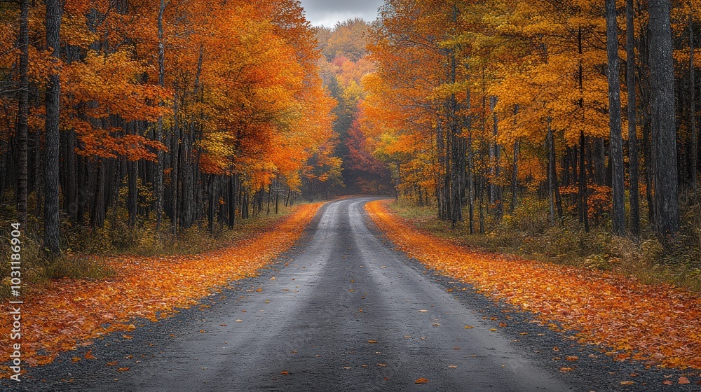 A serene autumn road surrounded by vibrant orange foliage.