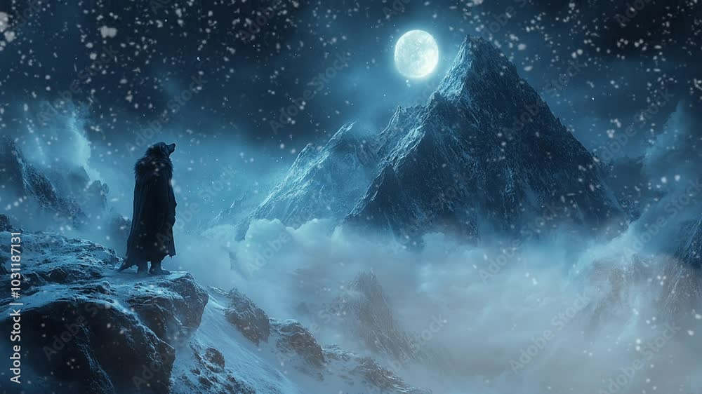 A lone figure stands on a snowy mountain peak under a full moon during a winter storm in a breathtaking landscape. seamless looping animation background A lone figure stands on a snowy mountain peak under a full moon during a winter storm in a breathtaking landscape. seamless looping animation background