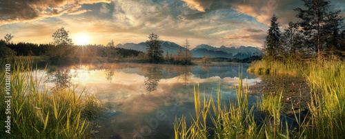 Foto Dreamland scenery sunset with colorful sky at a lake
