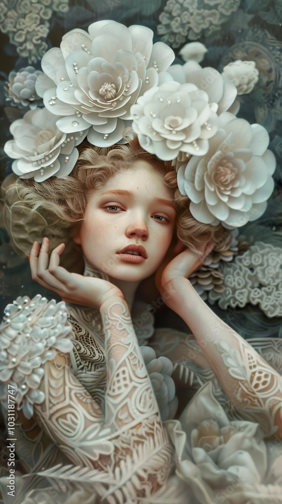 A Dreamy Portrait of a Woman Adorned with Flowers