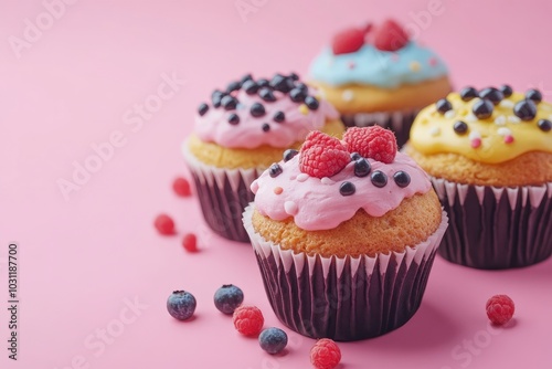 yummy sweet tasty muffin cakes on simple mono color background - generative ai