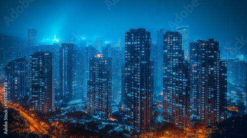 Close-up of high-rise residential buildings with blue accents