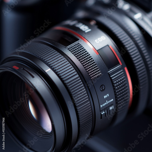 Close-up of a professional camera lens in action