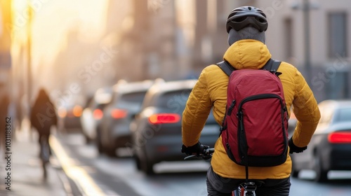 Cyclist on Busy Urban Street at Sunset