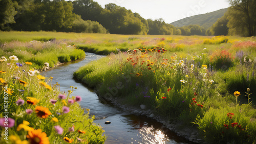 Serene Meadow Landscape with Colorful Wildflowers and Gentle Stream