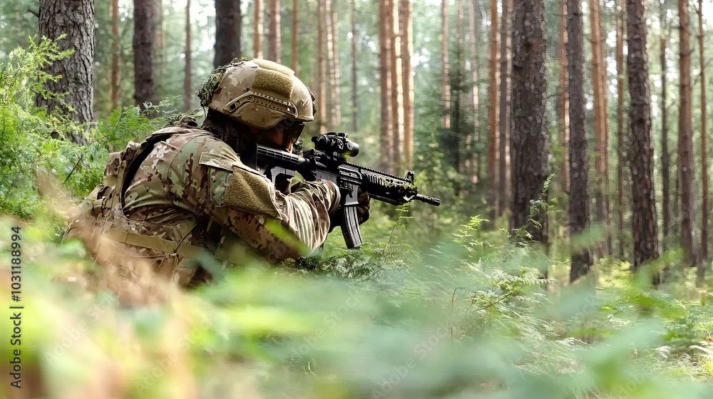 A soldier in camouflage gear aims his rifle through the trees in a forest setting. A soldier in camouflage gear aims his rifle through the trees in a forest setting.