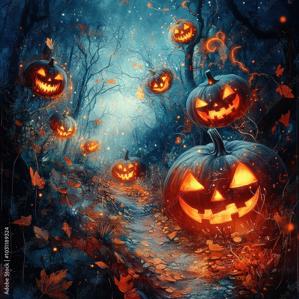 Naklejka premium Halloween pumpkins with glowing eyes in dark forest, fantasy digital art