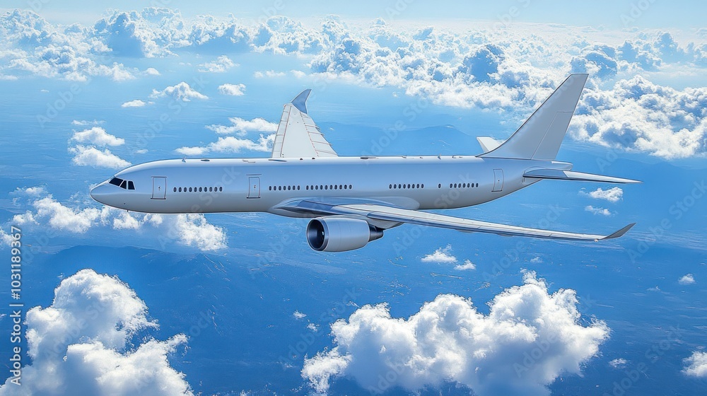 Airplane flying above clouds in a clear blue sky. Airplane flying above clouds in a clear blue sky.