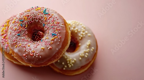 Colorful glazed donuts with sprinkles for food photography and culinary designs