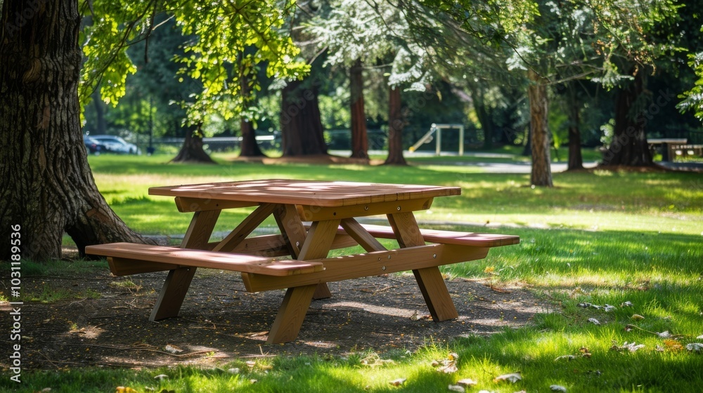 A wooden picnic table sits on a grassy lawn, surrounded by trees. Perfect for a summer lunch.