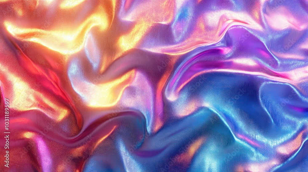Obraz premium Colorful, iridescent fabric texture with flowing waves.