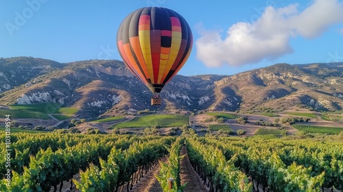 A colorful hot air balloon over a vineyard landscape.