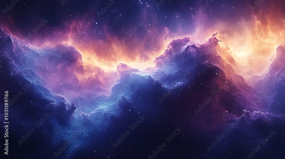 A vibrant nebula in space with swirling clouds of gas and dust in shades of purple, pink, and blue, illuminated by distant stars. A vibrant nebula in space with swirling clouds of gas and dust in shades of purple, pink, and blue, illuminated by distant stars.