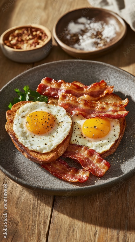 Crispy bacon and sunny-side eggs on toast - perfect for breakfast menus and food blogs Crispy bacon and sunny-side eggs on toast - perfect for breakfast menus and food blogs