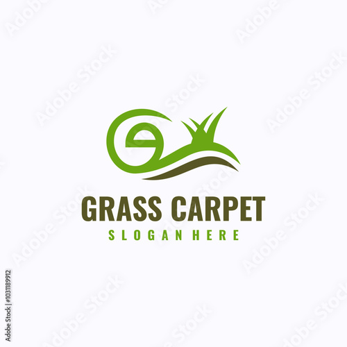 Grass carpet logo design template. Artificial green grass carpet service concept. Creative vector symbol.