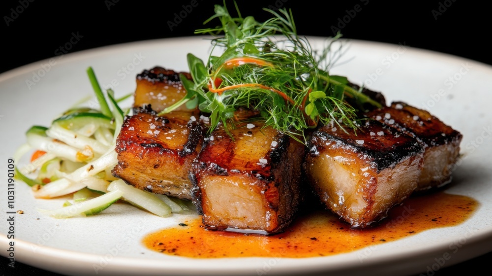 Crispy pork belly with apple and fresh herbs for gourmet food photography Crispy pork belly with apple and fresh herbs for gourmet food photography