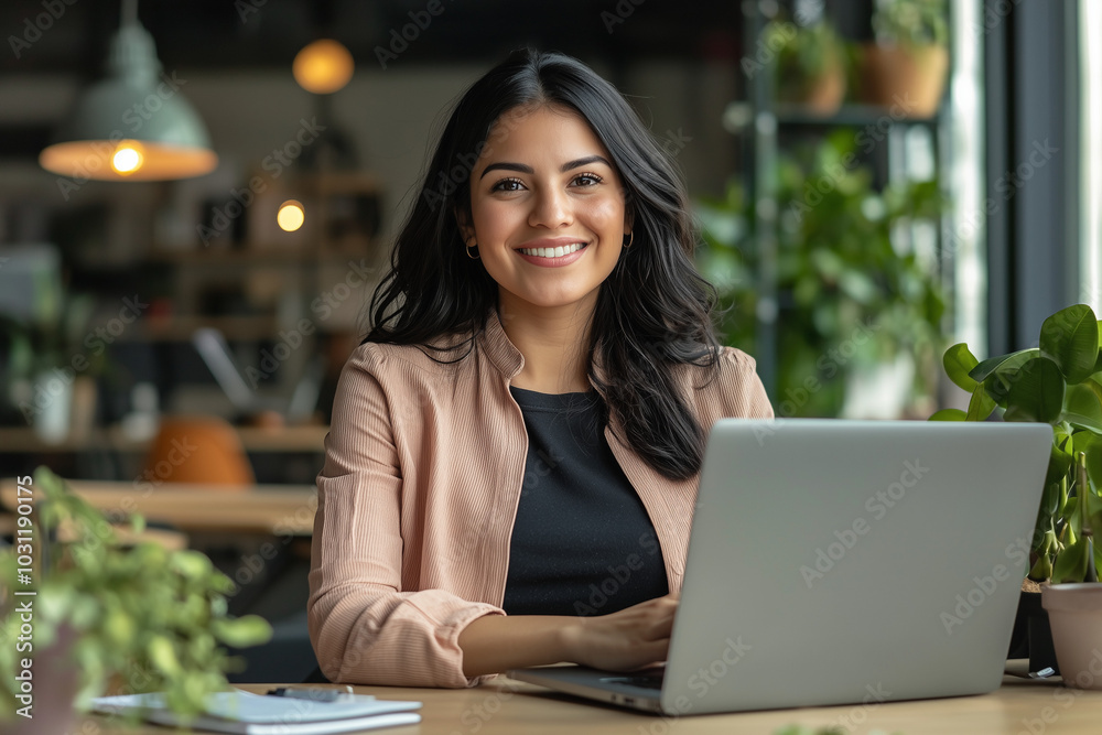 Smiling Woman Working on Laptop in a Cafe Smiling Woman Working on Laptop in a Cafe