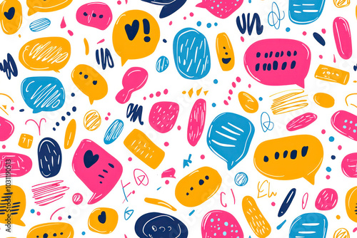 Bright seamless pattern with colorful speech bubble, words and symbols. Wallpaper for teenagers.