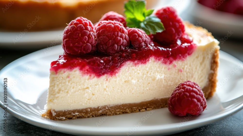 Decadent vanilla bean cheesecake with fresh raspberry topping for food photography