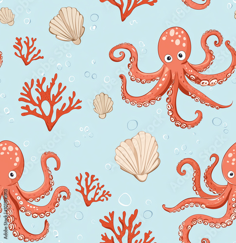 Cute octopus pattern with light blue background and red accents photo