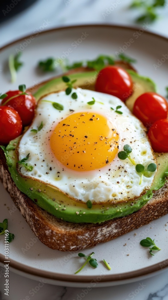 Delicious avocado toast with poached egg and cherry tomatoes for culinary inspiration Delicious avocado toast with poached egg and cherry tomatoes for culinary inspiration