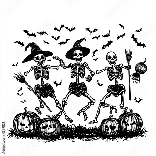 Dancing skeletons with witches' brooms and pumpkins photo