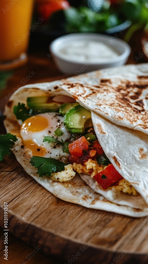 Delicious breakfast burrito with scrambled eggs and fresh vegetables for food photography Delicious breakfast burrito with scrambled eggs and fresh vegetables for food photography