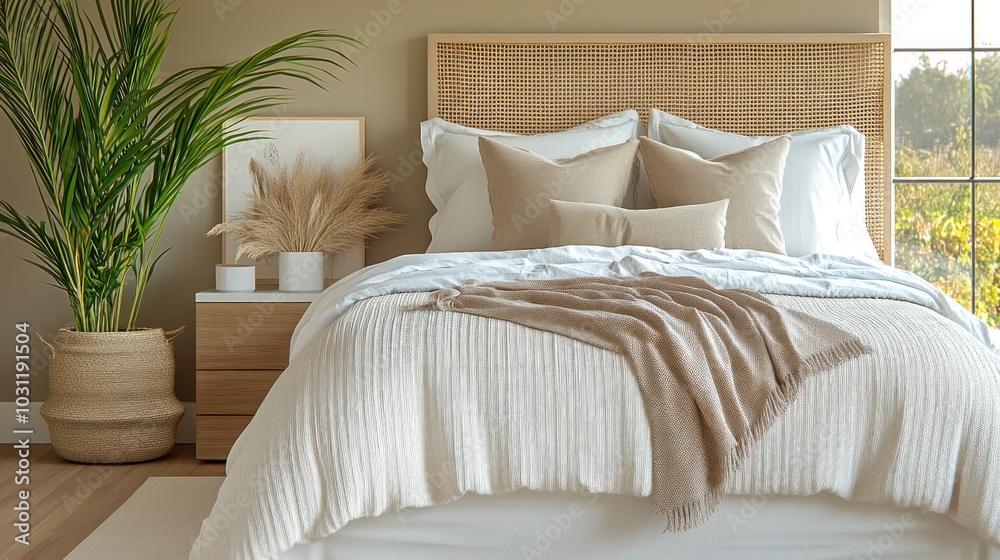 Cozy bedroom with neutral tones and natural decor elements. Cozy bedroom with neutral tones and natural decor elements.