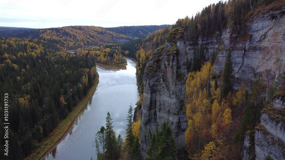 View of the Usva pillars and the river in autumn. Amazing view of the picturesque Usva River flowing through the rocky terrain in the Perm region, unique relief forms, stone pillars. Russia 4K View of the Usva pillars and the river in autumn. Amazing view of the picturesque Usva River flowing through the rocky terrain in the Perm region, unique relief forms, stone pillars. Russia 4K