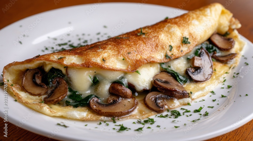 Delicious fluffy omelette with spinach and mushroom filling for food photography Delicious fluffy omelette with spinach and mushroom filling for food photography