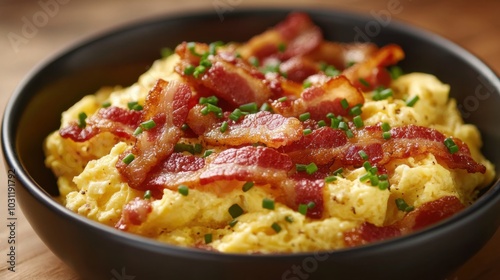 Delicious fluffy scrambled eggs with crispy bacon and chives for breakfast inspiration