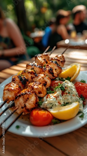 Delicious grilled chicken skewers with lemon and herb garnish for food photography