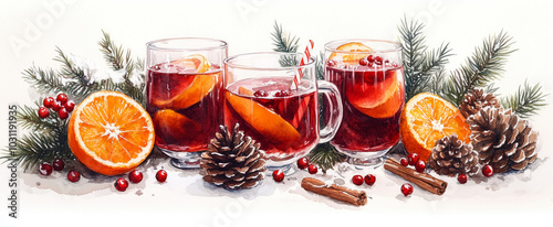 Watercolor mulled wine with orange and vanilla decorated with fir branches, cones and Christmas tree ornaments