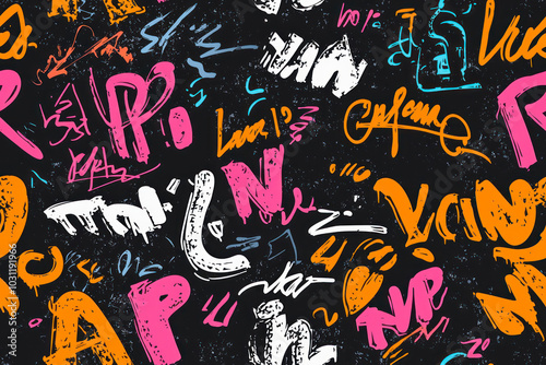 "RAP" Seamless pattern street black graffiti underground lettering elements in the grunge style with tags.