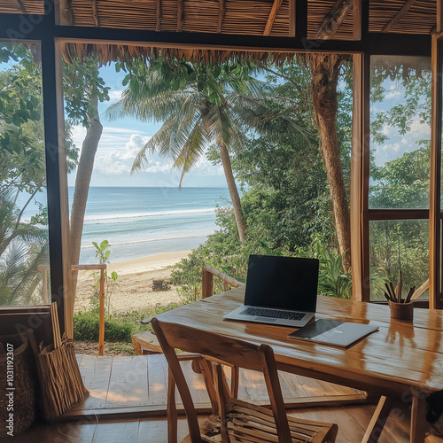 Remote co-working space for digital nomads in a tropical setting photo