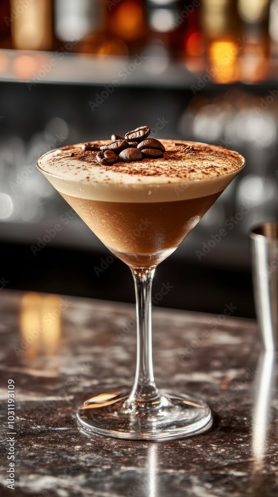 Frothy cappuccino martini with coffee bean garnish - perfect for food photography and hospitality marketing Frothy cappuccino martini with coffee bean garnish - perfect for food photography and hospitality marketing
