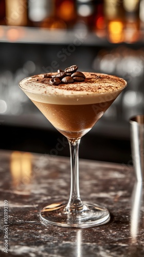 Frothy cappuccino martini with coffee bean garnish - perfect for food photography and hospitality marketing