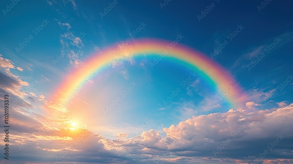 A vibrant rainbow arcs across a bright sky at sunset.