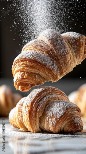 Golden brown croissants filled with flaky layers - perfect for food photography and culinary arts photo