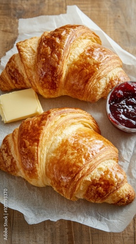 Golden brown croissants with butter and jam for delightful breakfast mood