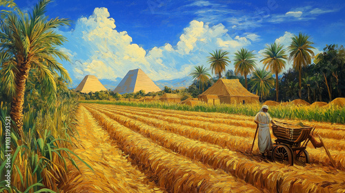 Egyptian farming painting with ancient agricultural scenes photo